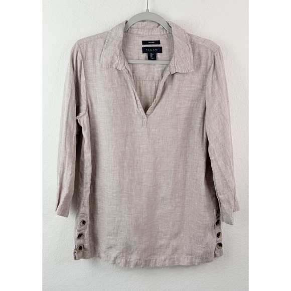 Tahari Tops - Tahari 100% Linen Tunic Top Sz L Taupe Popover 3/4 Sleeve Relaxed Coastal Beachy